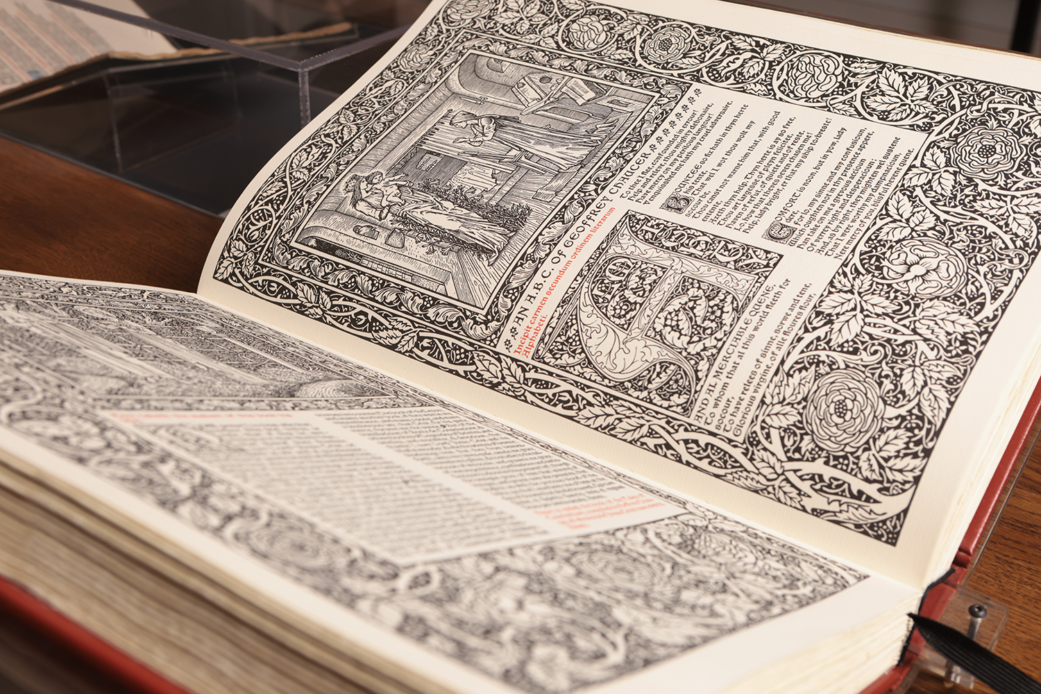 An open book. The Works of Geoffrey Chaucer.