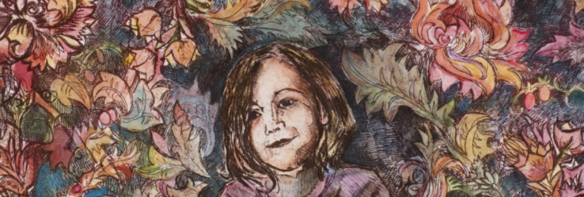 Illustration of a young woman or child's face surrounded by multi-coloured foliage